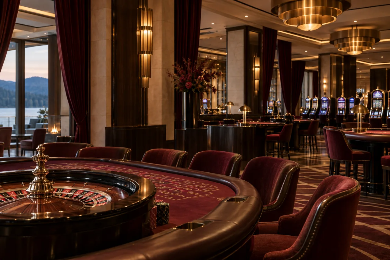 Warmly lit casino salon with crafted roulette tables and burgundy velvet details