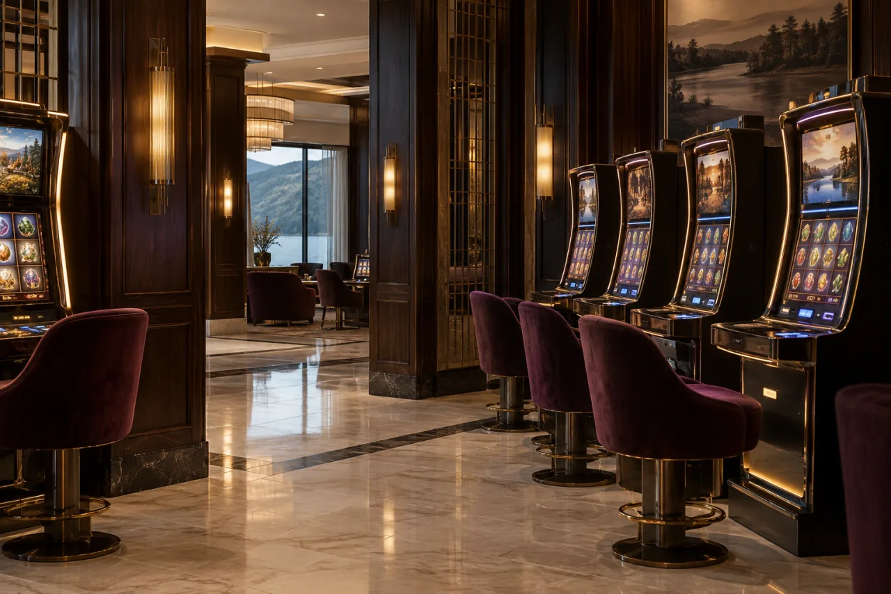 A contemporary slot salon with discreet illuminated machines and upholstered stools