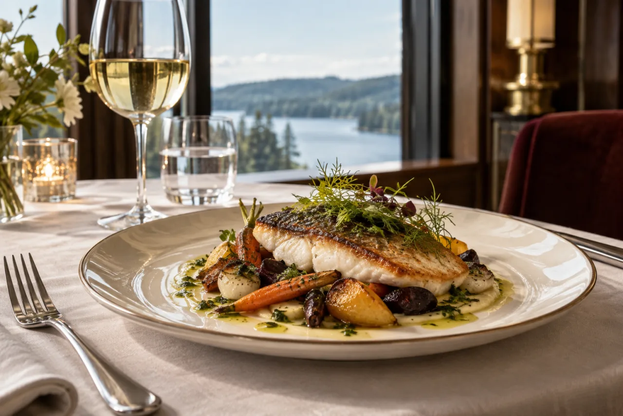 Seasonal lake trout with roasted vegetables and herbs on an ivory ceramic plate