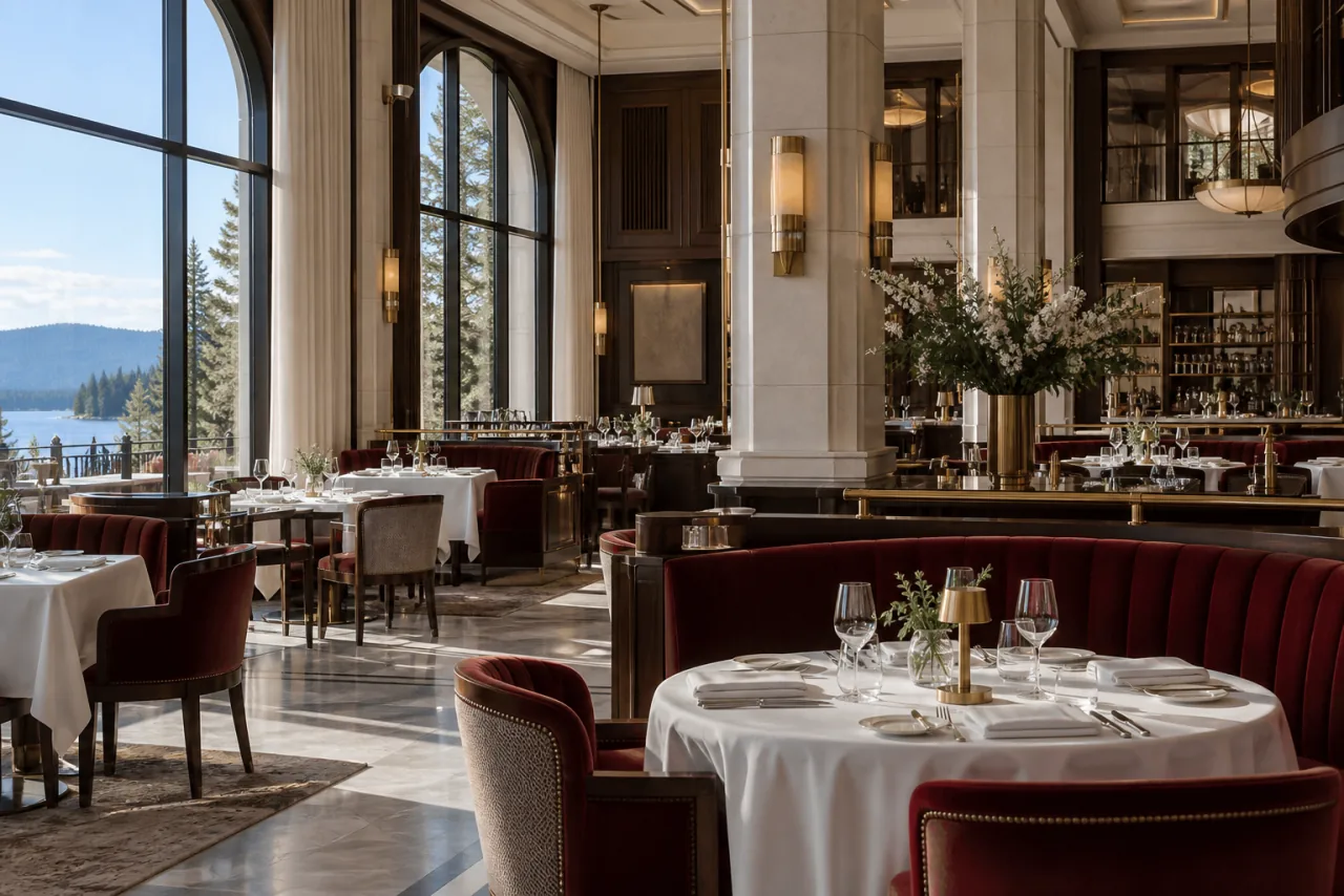 Light-filled Québec brasserie with red velvet seating and linen-covered tables