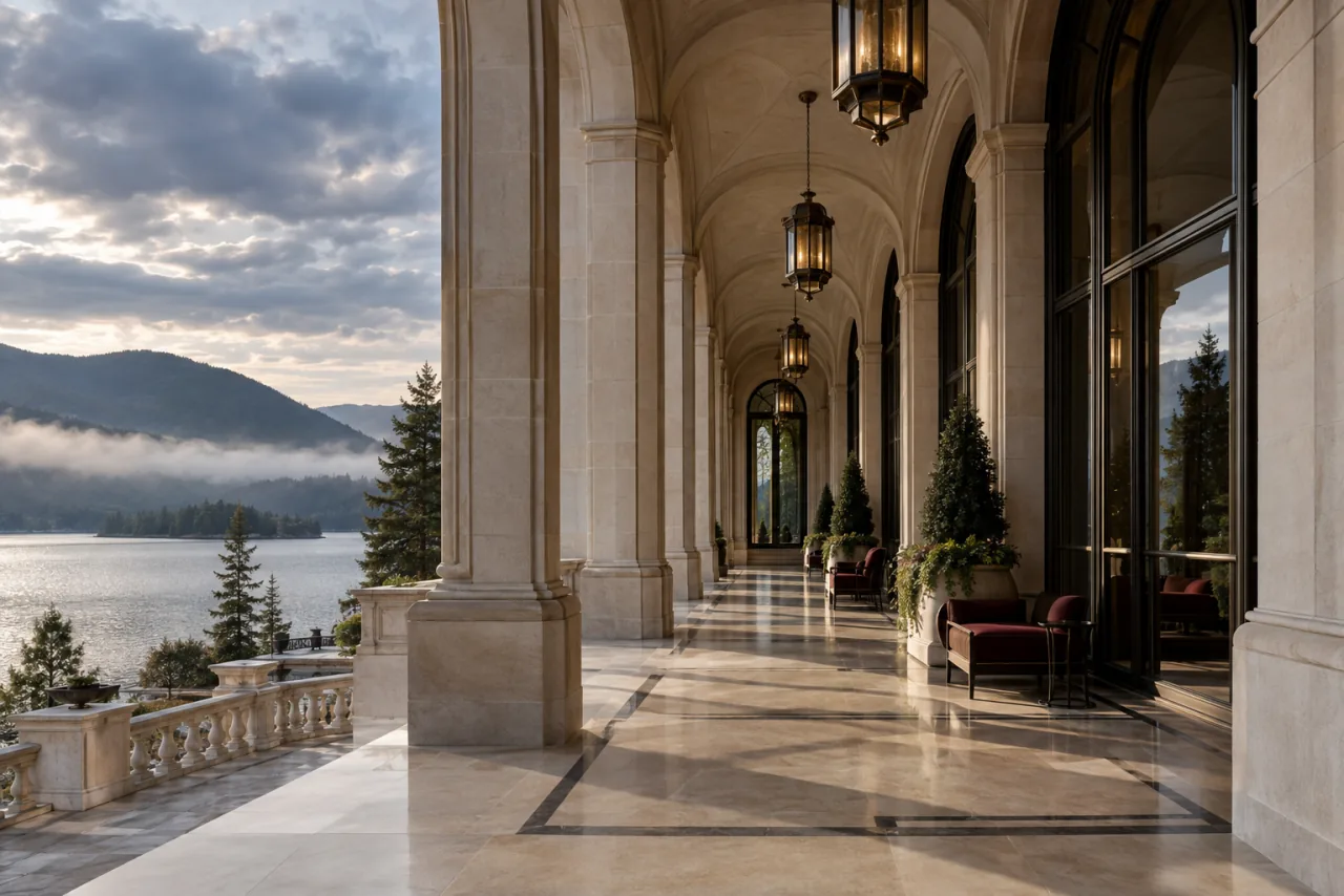 A lakeside colonnade