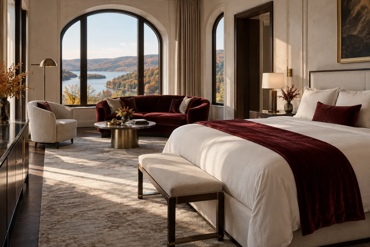 Lakeside suite with an ivory king bed and warm walnut accents
