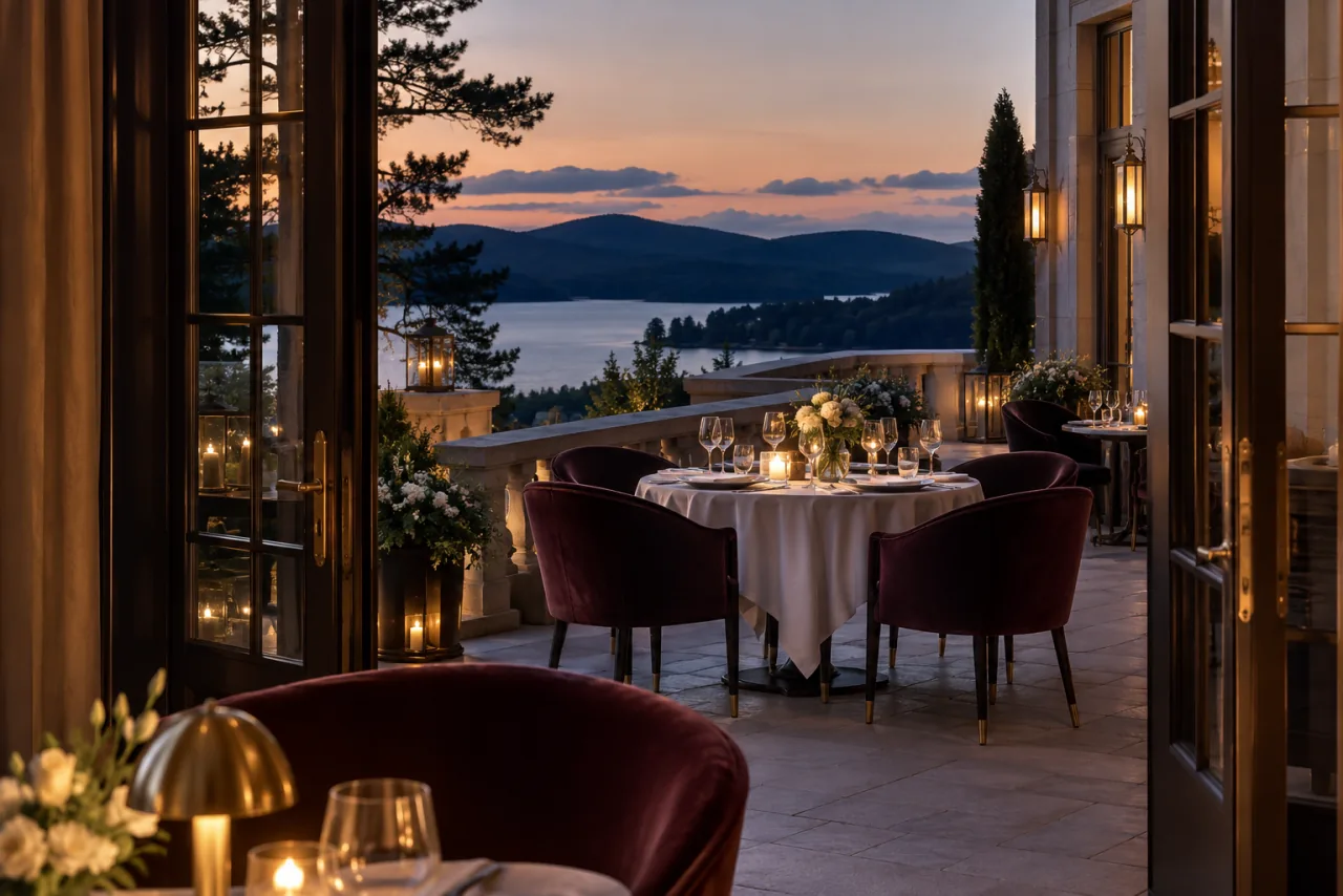 Linen-covered table on an elegant terrace overlooking the lake at dusk