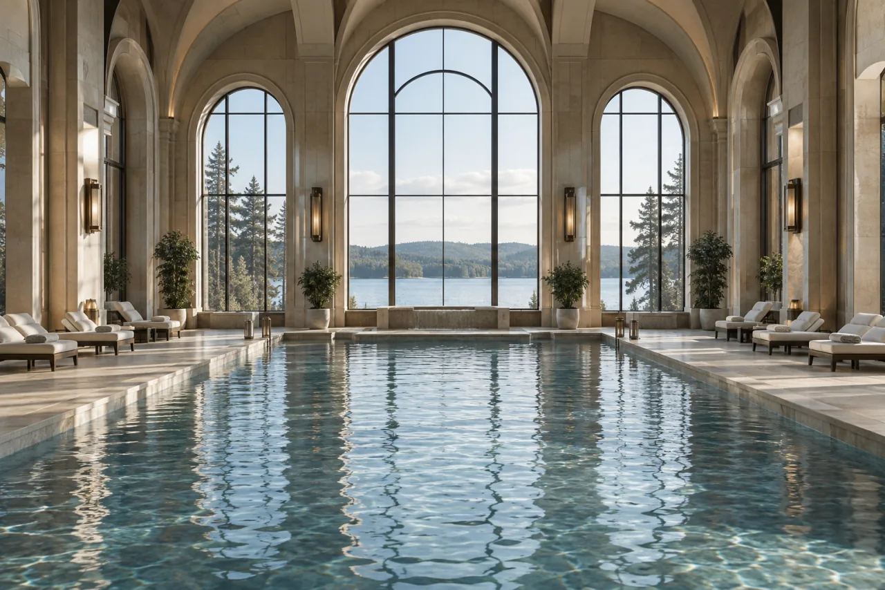 Serene vaulted indoor pool with lake-facing windows