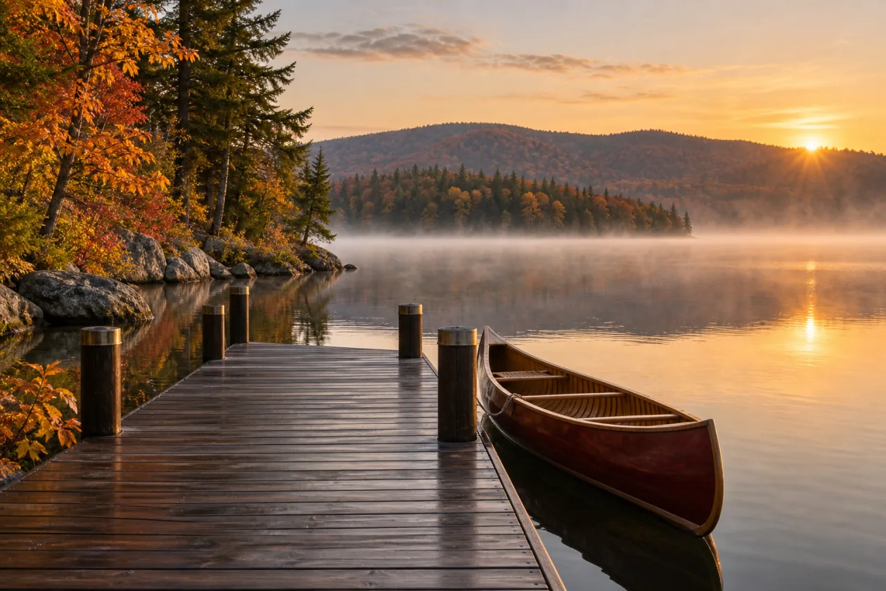A canoe beside a wooden jetty on a misty autumn lake in Québec