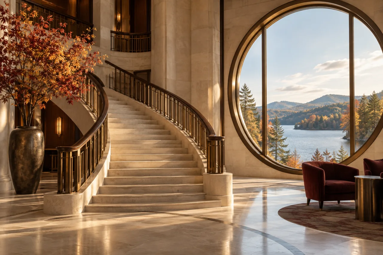 Limestone staircase and bronze-framed lake window in the Lacverin lobby